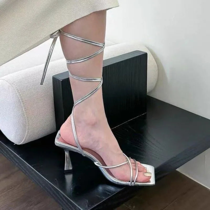 Strappy Roman Stiletto Sandals Spring Summer New Square Toe Open Toe Slim Strap Cross Strap Anti-Slip Wear-Resistant High Heels
