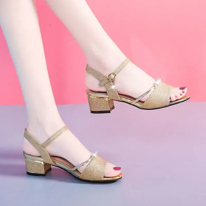 zapatos de mujer women cute sweet sexy silver square heel sandal shoes lady spring & summer golden comfort heel shoes fa615