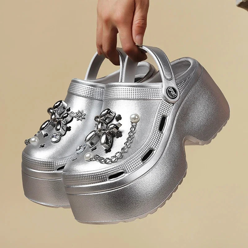 New Women's Silver Platform Clogs Summer 2025 Comfortable Slip on Wedge Sandals Woman Fashion Chain Thick Sole Garden Shoes Lady