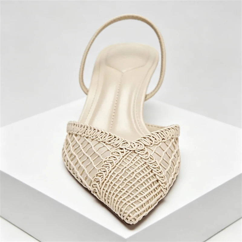 Mesh Woven Design Thin High Heels Women Sexy Pointed Toe Breathable Back Strap Heeled Sandals Elegant Beige Party Dress Shoes