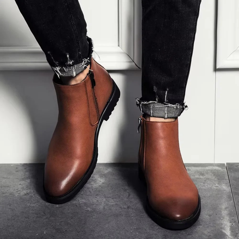 Spring Fashion Leather Men's Boots Convenient Zip Pointed Toe Business Dress Boots Shoes for Men Black Brown Ankle Boots for Man