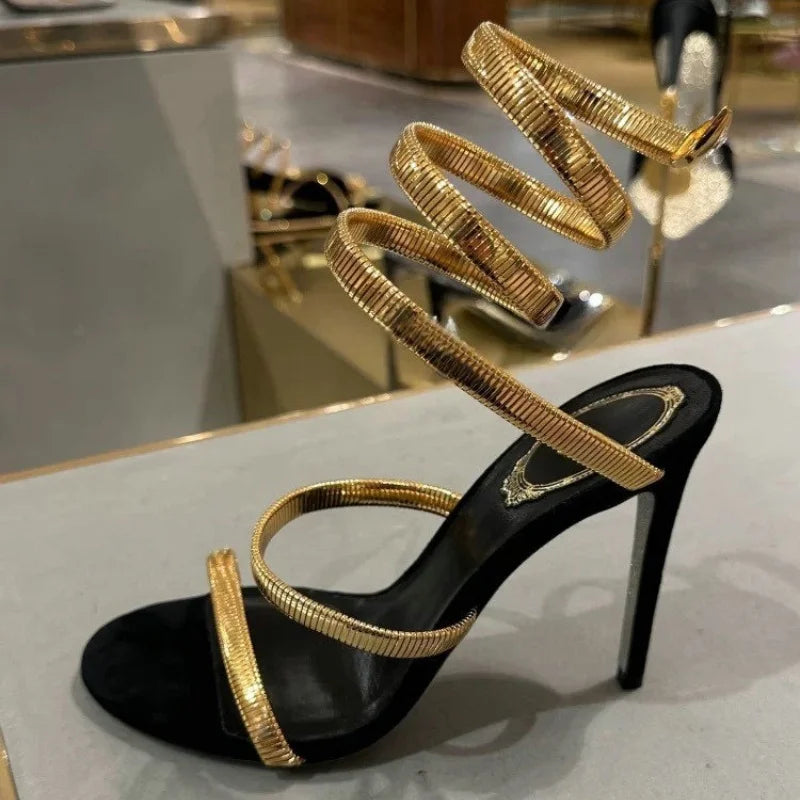 2026 Summer New Gold One-Line Strappy Sandals Women Snake Wrapped Sexy Square Head High Heels Stiletto Party Shoes