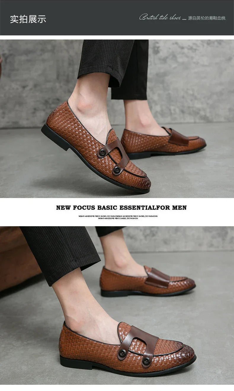British Style Weave Pattern Microfiber Leather Monk Shoes Mens Buckle Party Wedding Loafers Moccasins Men Driving Flats