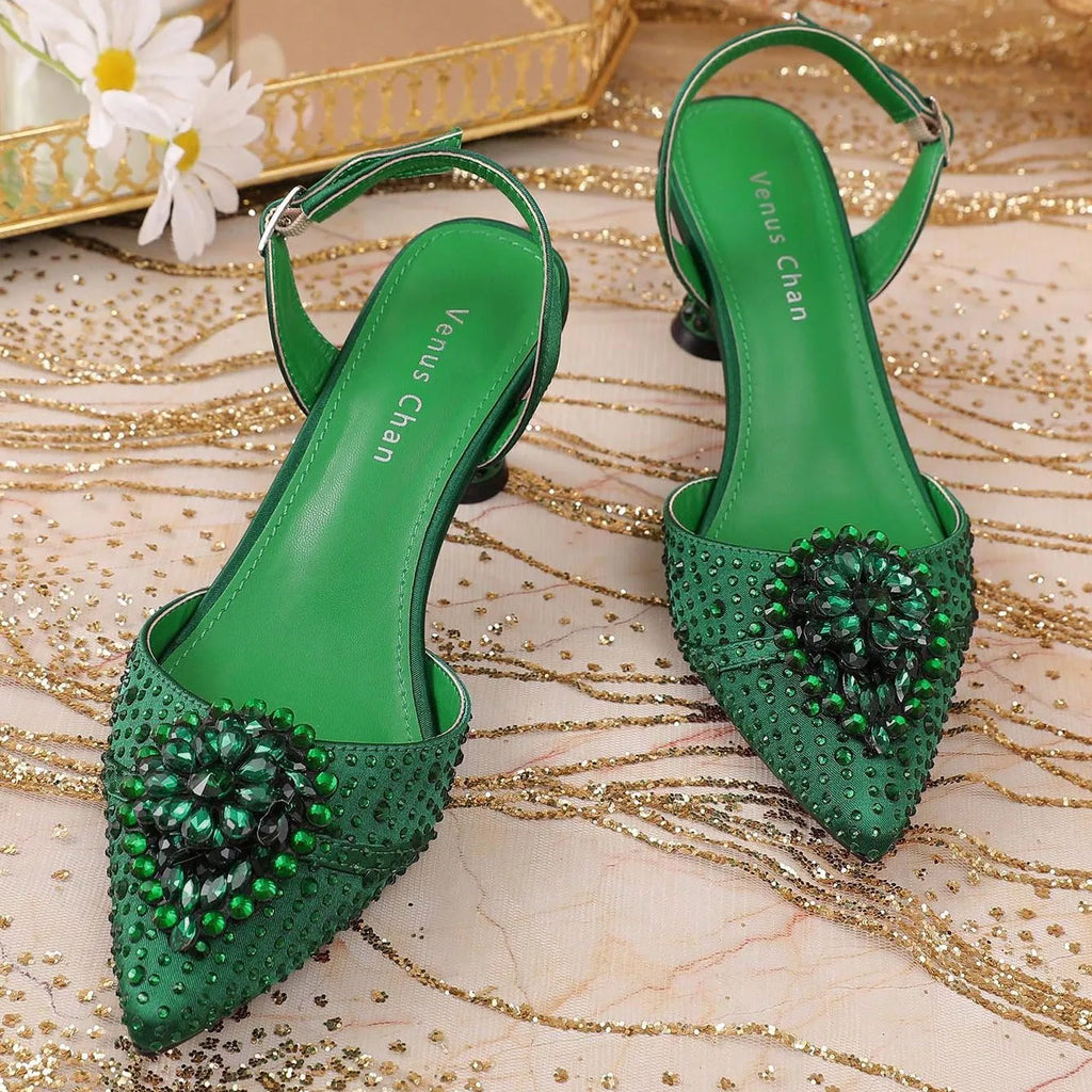 2025 Women's Green High Heels - Italy-Inspired Rhinestone Pointed-Toe Design for Gorgeous Parties | Plus Size Available