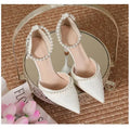 Size 30-44 Pearls Strap High Heels Lace Women White Wedding Shoes Stiletto Heel Point Toe Bride Bridesmaid