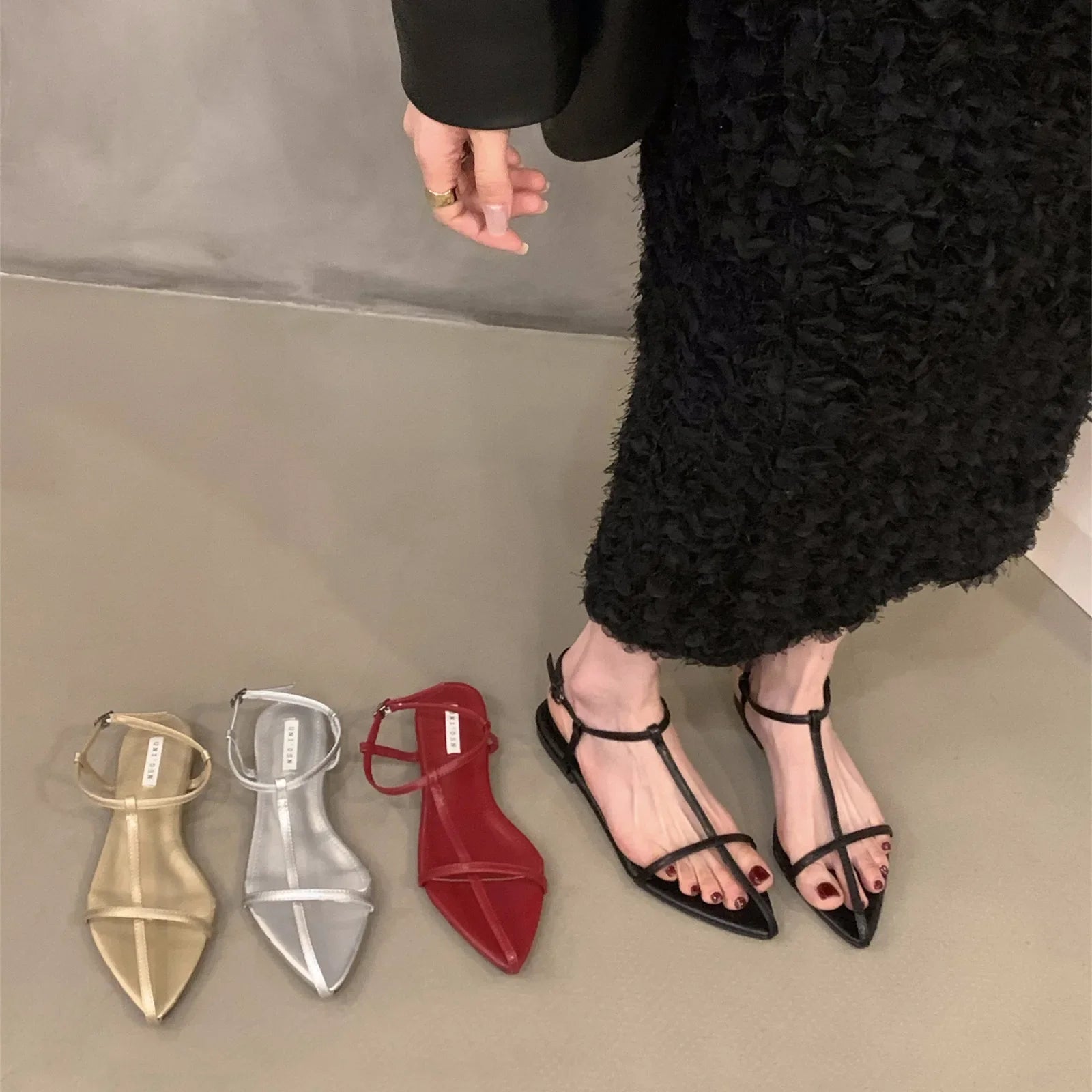 2025 Ladies Shoes Summer Sandals Suit Female Beige Open Toe Clear New Black Peep Low Girls Comfort Pointed Flat Casual Sandals