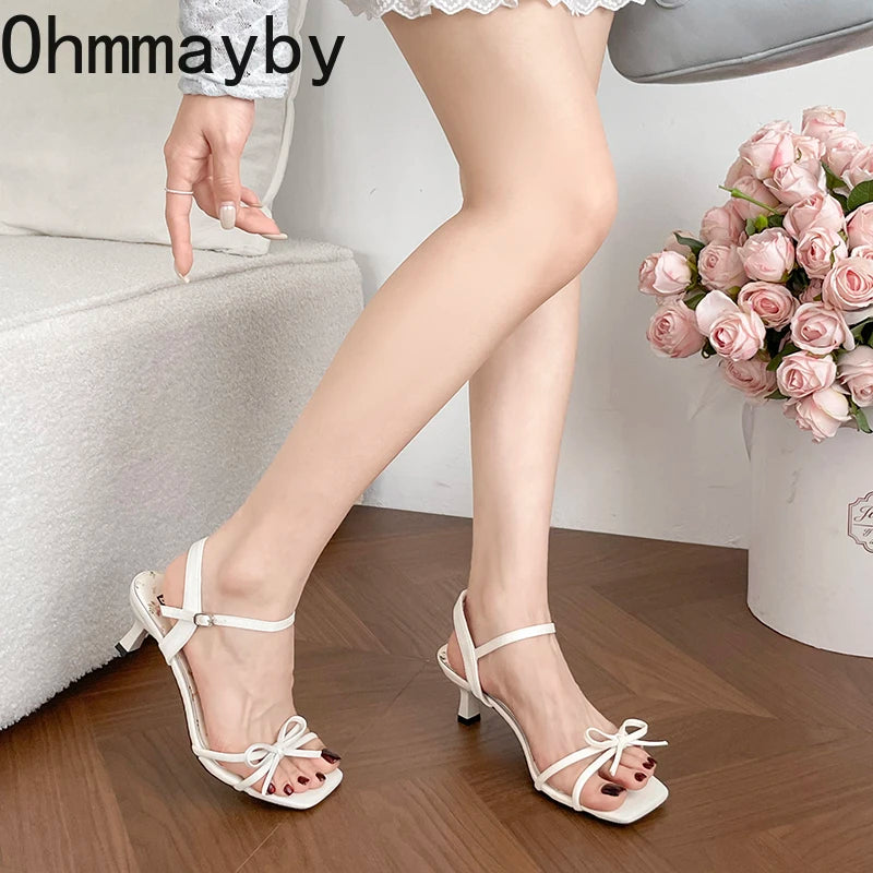 Summer Butterfly-knot Floral Women Sandals Concise Slingback Party Dress Mules Shoes Mid Heels Banquet Striptease Sandals