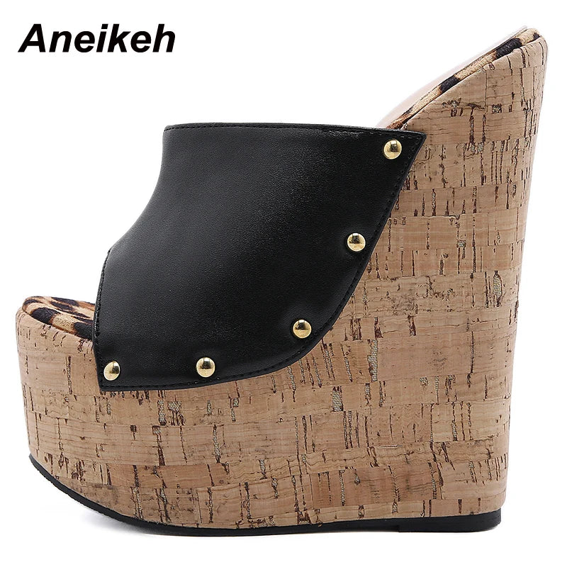 Aneikeh 2025 Summer Fashion Open Toe Sandals Platform Super High Heels Slip-on Metal Rivet Sandals Rome Party Women Mules black