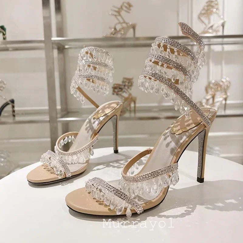 Tassels Rhinestone Decor Thin High Heels Sandalias Women Ankle Snake Shaped Strap Entanglement Sandals Summer Party Dress Shoes