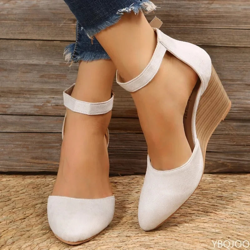 Fashionable pointed toe wedge thick soled buckle women's sandals with straight buckle solid color suede toe cap women's shoes