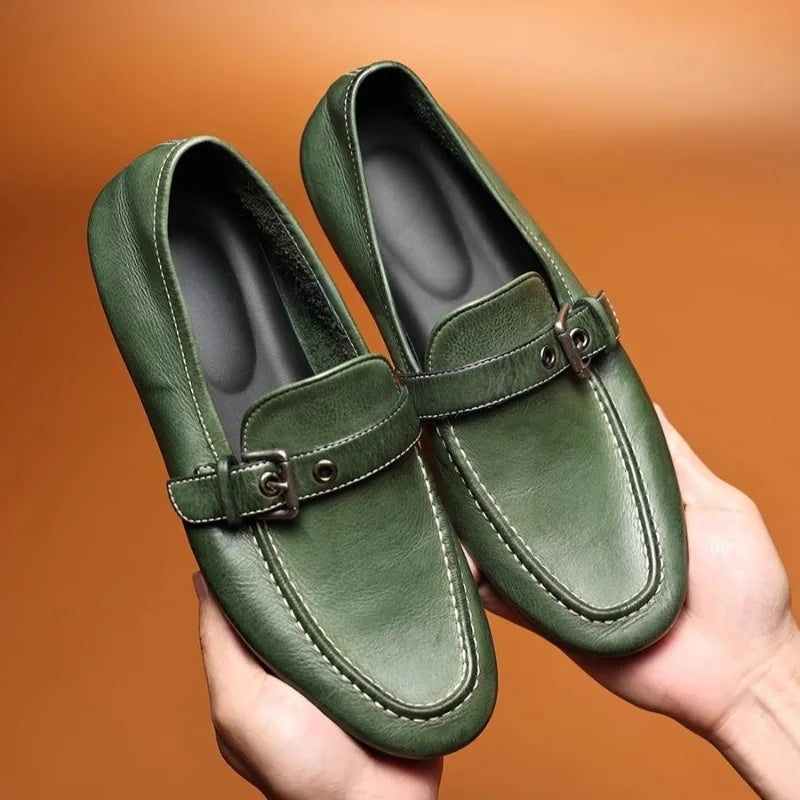 High-end Washed Genuine Leather Loafers Men's Shoes Slip on Fashion Trendy Casual Dress Work Leather Shoes Male Flats