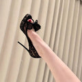 Black Lace Double Bow Peep Toe High Heels Women Sexy Round Toe Platform Stiletto Heel Slip On Party Dress Wedding Shoes
