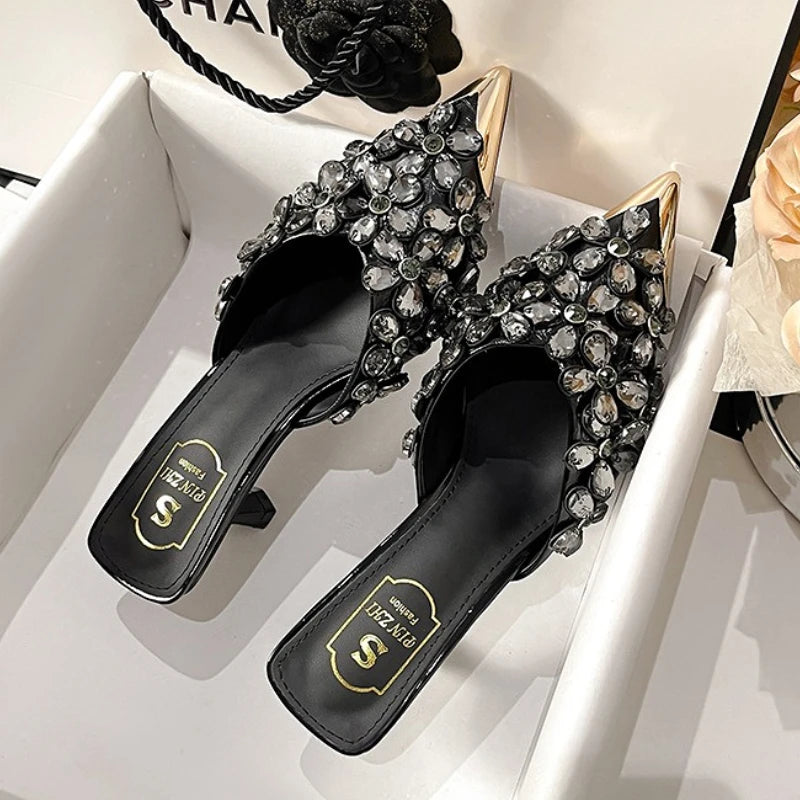 Luxury Rhinestones Pointed Toe Mules Pumps Women Slippers Summer New Fashion Slides Designer High Heeled Sandals Female Tacones