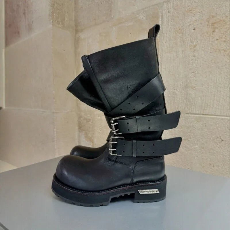 Modern Vintage Big Round Toe Height Increasing Boots Men's Belt Buckle Street Style Mid-Calf Boot Platform Motorcycle Boots