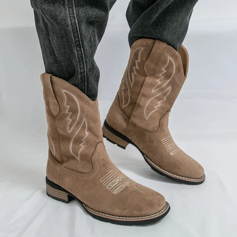 New Western Men's Cowboy Boots Vintage Mid-calf Motorcycle Boots Fashion Suede Leather Men's Boots Outdoor Casual Riding Boots