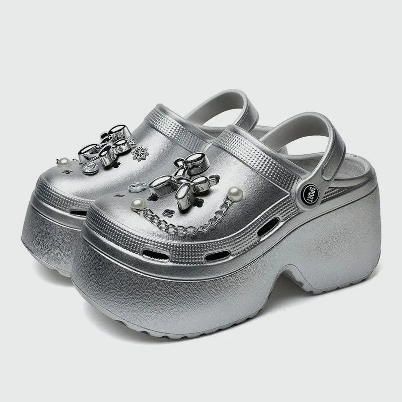 New Women's Silver Platform Clogs Summer 2025 Comfortable Slip on Wedge Sandals Woman Fashion Chain Thick Sole Garden Shoes Lady