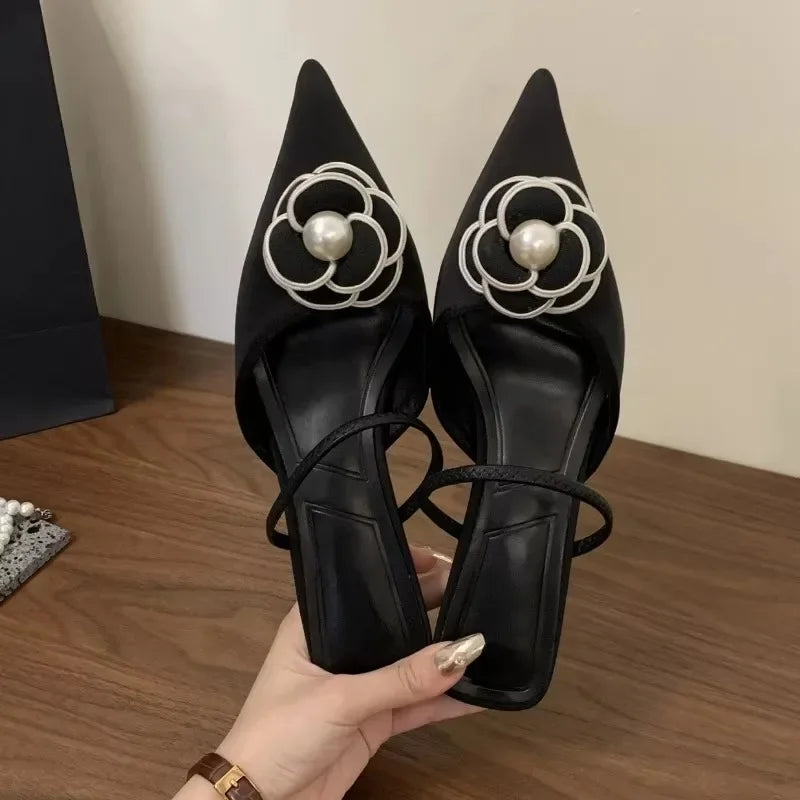 2025 Flower Pointed Toe High Heels Women Luxury Designer Sandals Female Summer Elegant Fashion Pumps Flower Mule Slippers Women