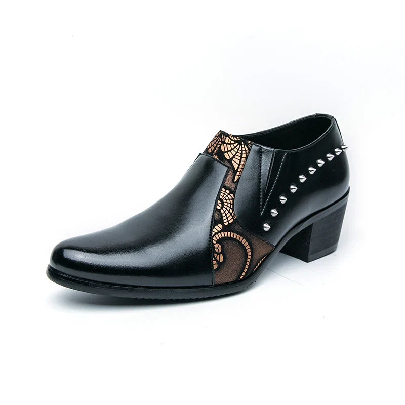 Black Leather Business Dress High Heel Men's Shoes Pointed Toe Slip-on Rivets Elegant Party Wedding Shoes Thick Bottom Plus Size