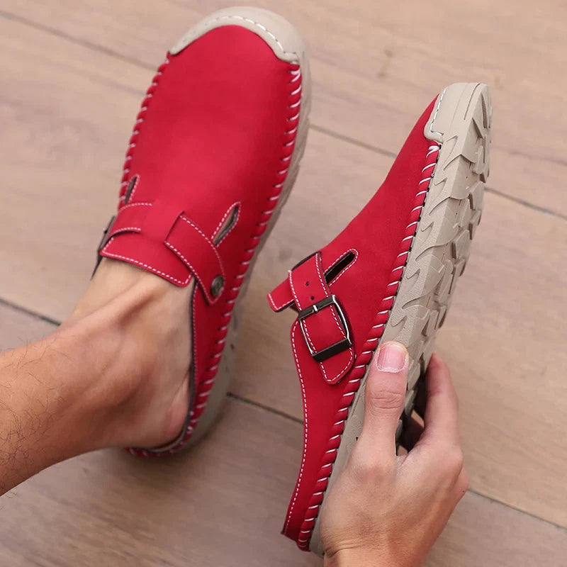 Business and Leisure Men's Mule Leather Loafers Soft Soled Driving Shoes Backless Slippers, Breathable Office Sandals, Plus Size