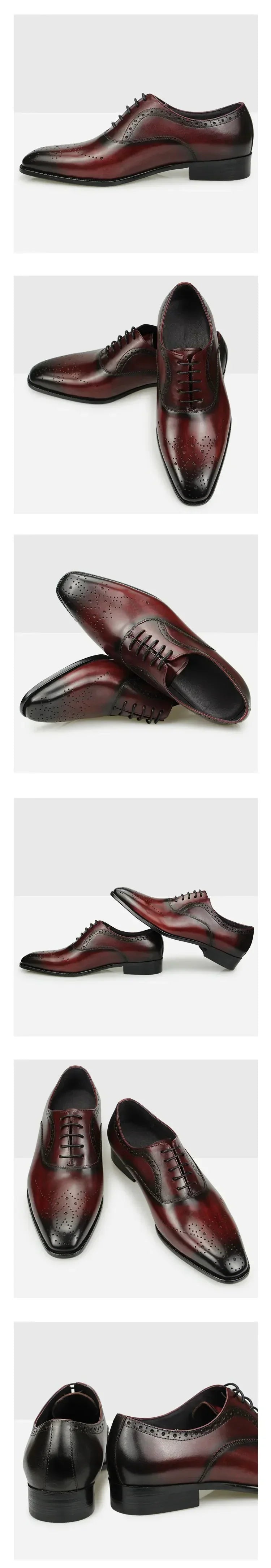 Luxury Dress Genuine Leather Shoes Mens Business Office Work Brogues High Quality Comfortable Formal Wedding Shoe Black&Wine Red