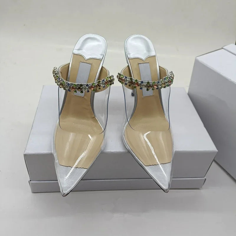2025 Summer New Pointed High Heels Women's Muller Shoes Transparent Water Diamond Sexy Fashion Thin Heel Women's Sandals