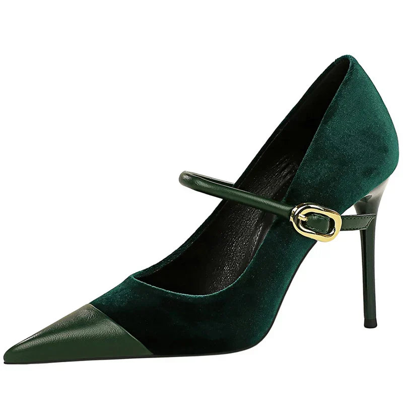 Korean Version Party 10cm 7cm High Heels Women Shoes Thin Heels Velvet Shallow Montage Pointed Toe Metal One-line Buckle Pumps