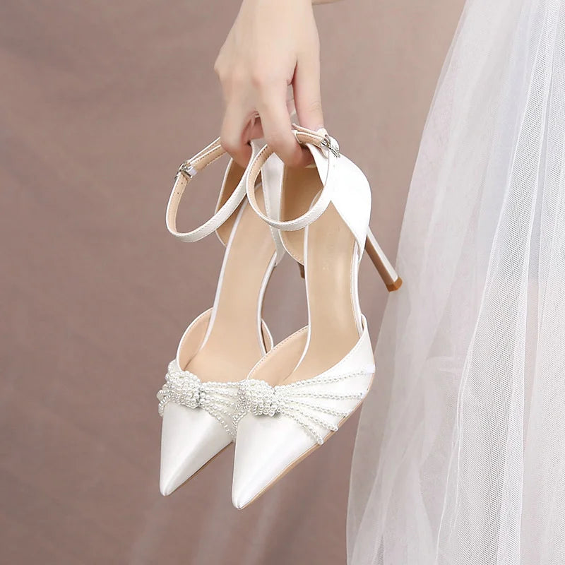 2026 New String Bead Pumps Pointed Thin Heels White Wedding Shoes Bridesmaid High Heels Sexy Satin Single Shoes