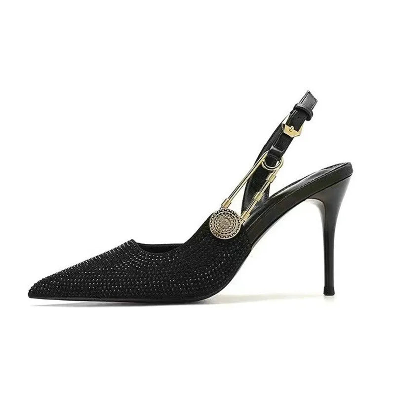 Bling Diamond High Heels Women 2026 Spring Pumps New Pointy Head After Empty Sexy Metal Girl Temperament Baotou French Sandals