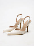 Women's Ivory Satin Pointed-Toe Slingback Heeled Sandals
