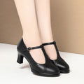 One-Line Button Single Shoes Women Summer New Thick Heel Model Catwalk Shoes Commuting Waterproof Platform Leather Shoes Black