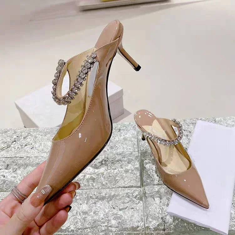 2026 New Fashionable Fine Heeled Muller Shoes with Pointed Water Diamond Chain Banquet Shallow Mouth Women's High Heel Sandals