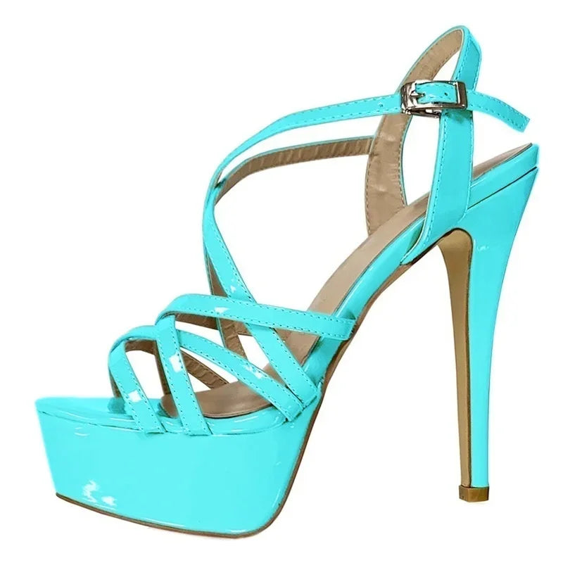 Women Sandals 14CM Super Sexy Platform High Heels Ankle Strap Sandals Open Toe Sanke Gladiator Party Dress Red Wedding Shoes