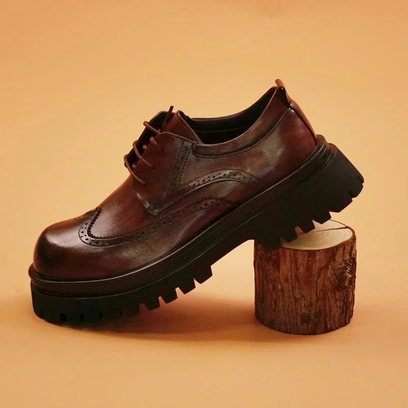 British Style Men's Block Shoes Thick Soled Durable for Office Interviews Formal Shoes Retro Brown Men's Shiny Leather Shoes3846