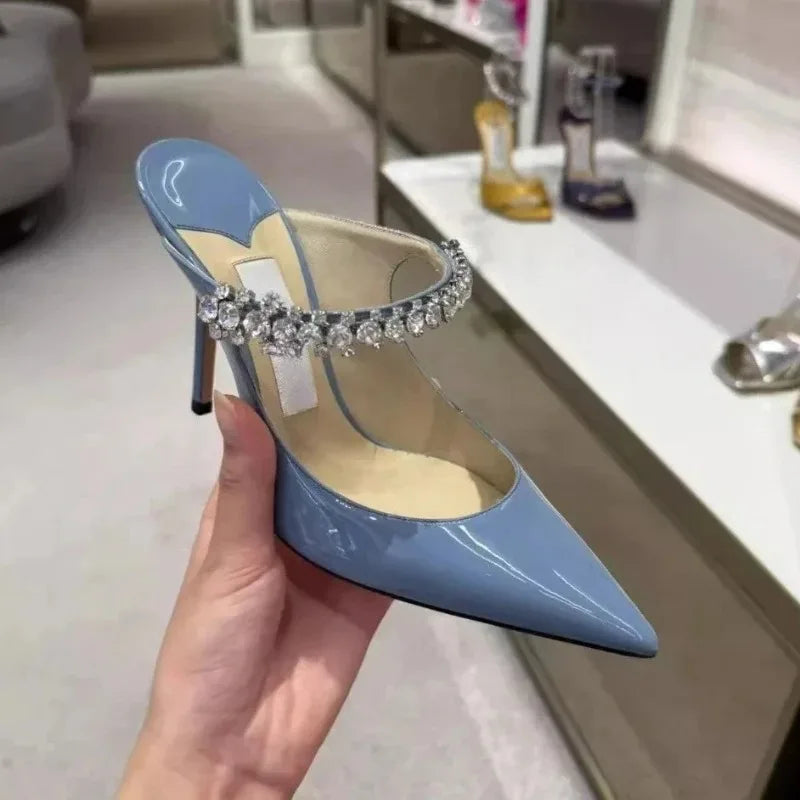 2025 Summer New Pointed High Heels Women's Muller Shoes Transparent Water Diamond Sexy Fashion Thin Heel Women's Sandals