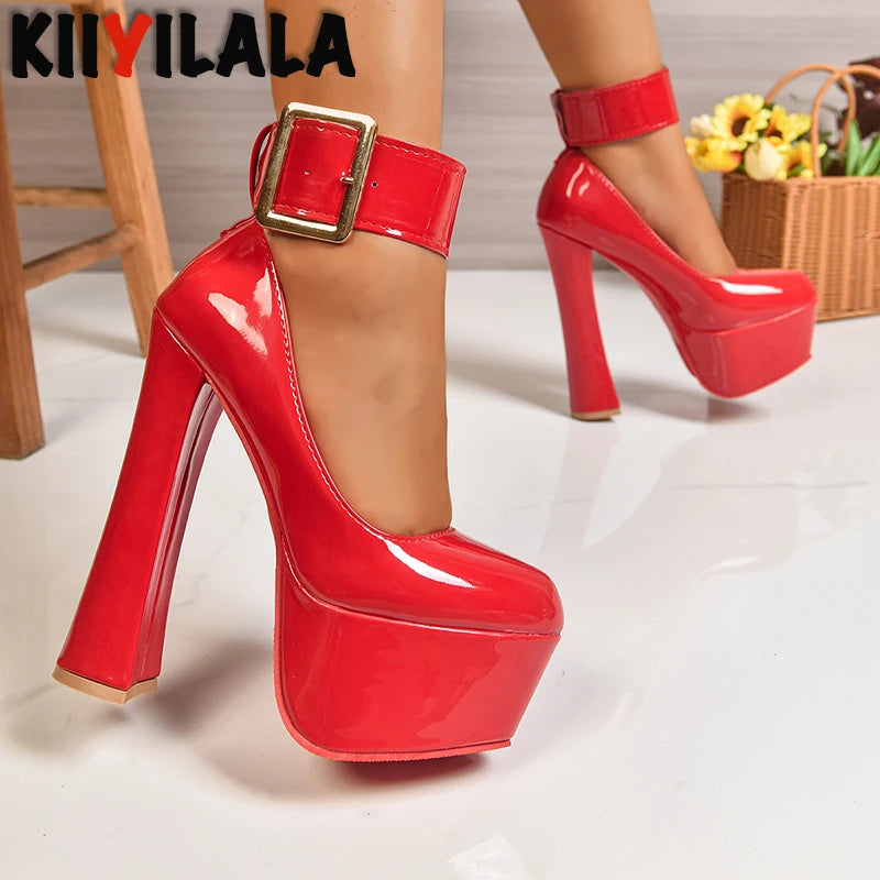 Women Fashion Platform Pumps 5.5cm Height 4cm Wide Gold Belt Buckle Strap Party Shoes 16.5cm Chunky Heels Dance Footwear Size 50