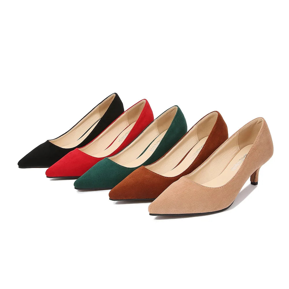 Low Heel Pumps Lady Pointed Toe Kitten Heels Female Green Flock Plus Size spring Red Shoes  Women 5cm High Heels