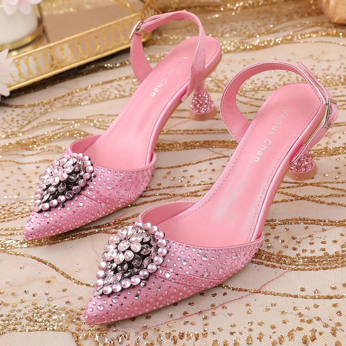 2025 Women's Green High Heels - Italy-Inspired Rhinestone Pointed-Toe Design for Gorgeous Parties | Plus Size Available