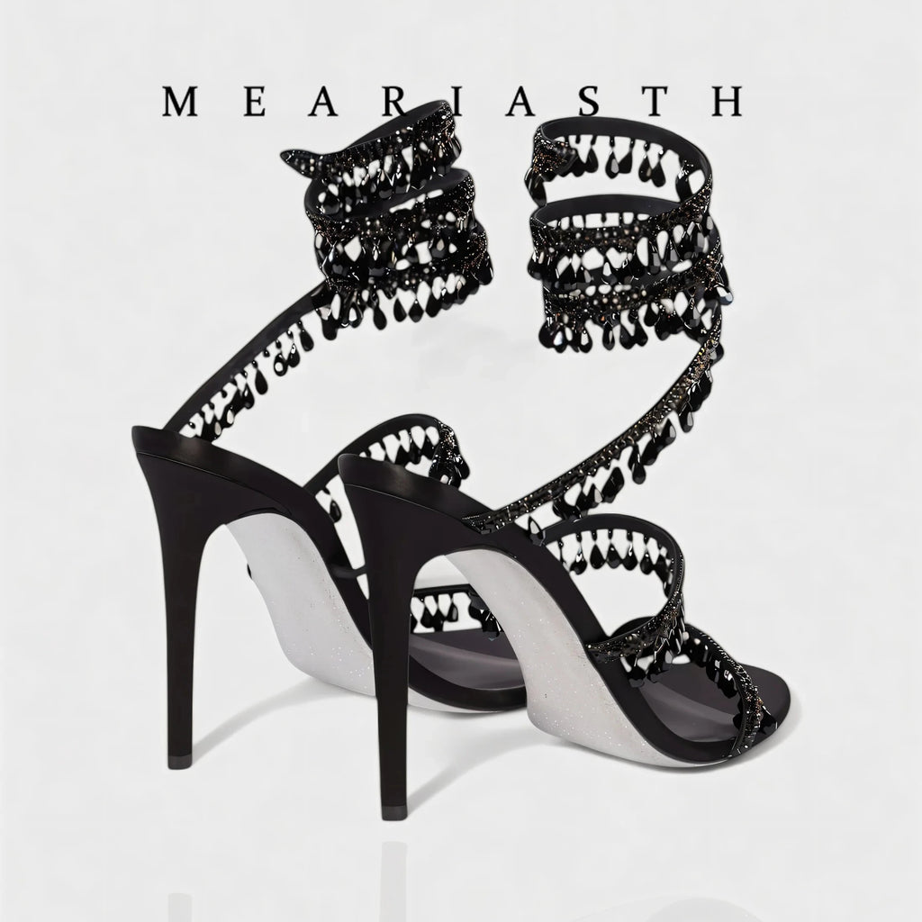 black Women's High Heels Gladiator Sandals Woman Fashion Tassel Crystal Shoes Women Sexy Banquet Party Stiletto Shoes for Women