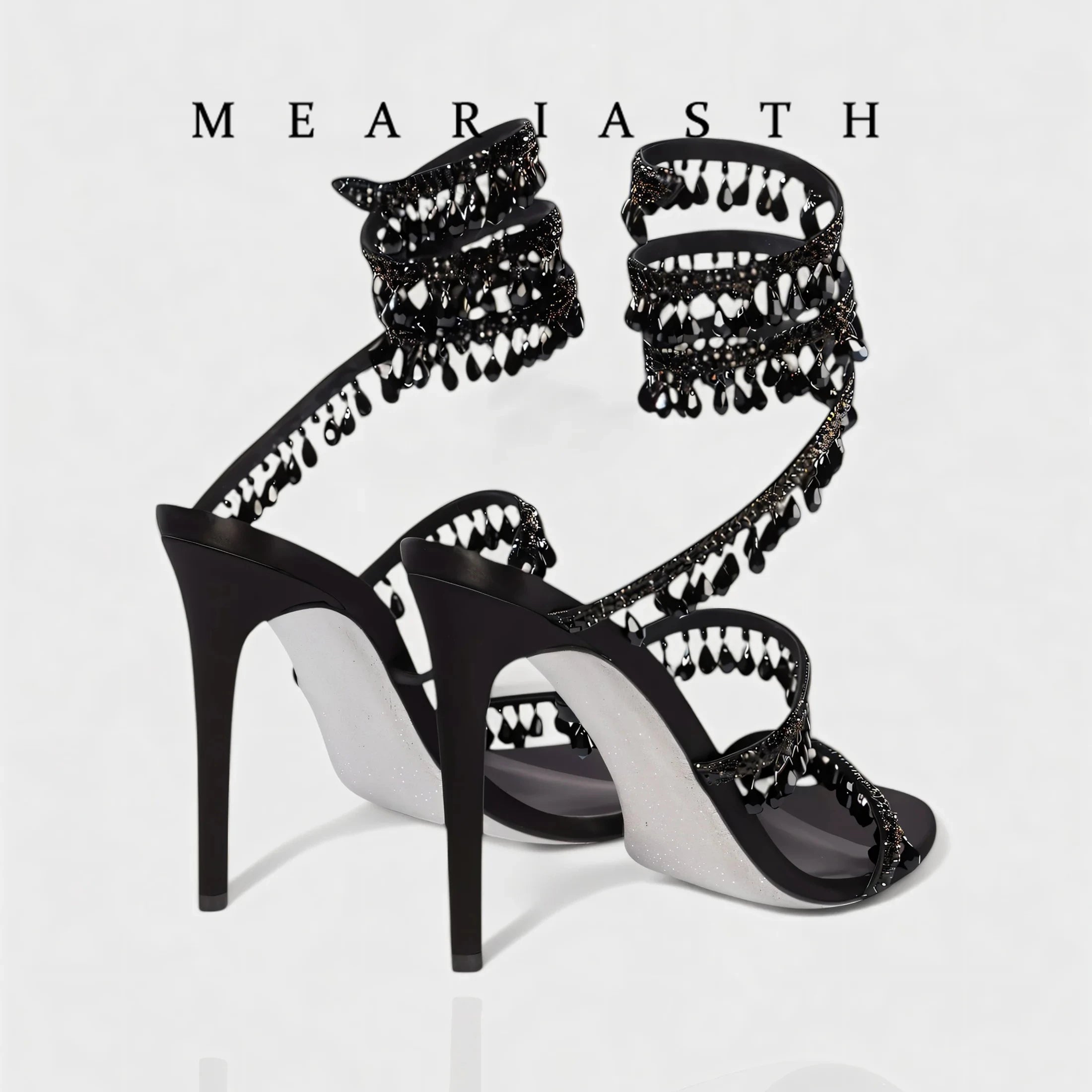 black Women's High Heels Gladiator Sandals Woman Fashion Tassel Crystal Shoes Women Sexy Banquet Party Stiletto Shoes for Women