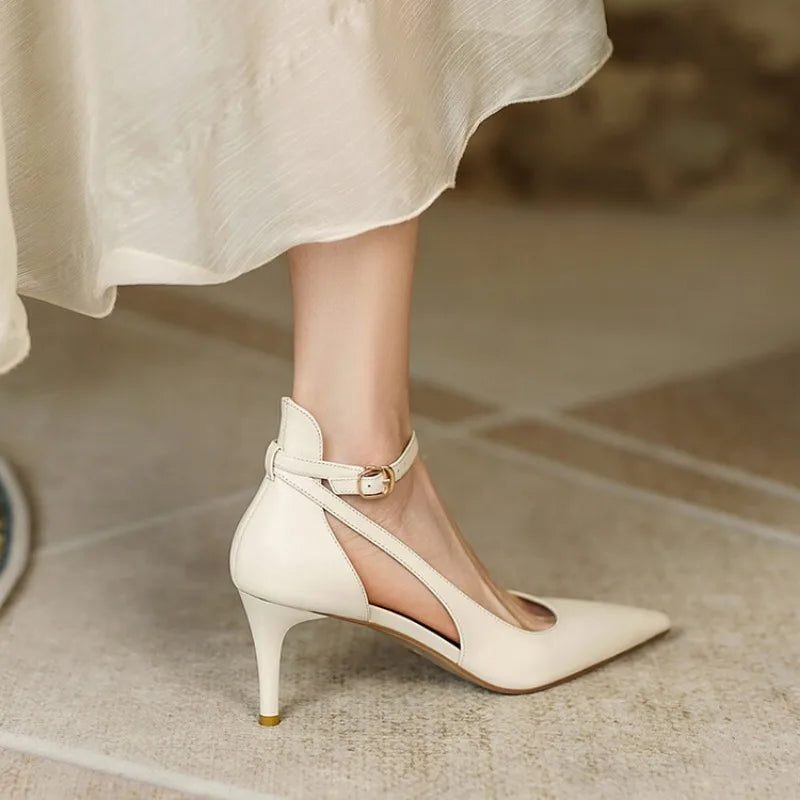 Spring Summer 2024 New Popular Women's Shoes Khaki Pointed Toe Thin Heel Strap High Heels Casual Flats Rubber Material