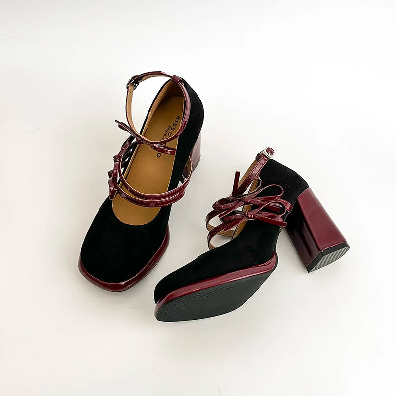 Designer New Spring Thick Heel Women Mary Jane Shoes Butterfly-knot Buckle Strap Shoes Ladies Elegant Party Dress Pumps
