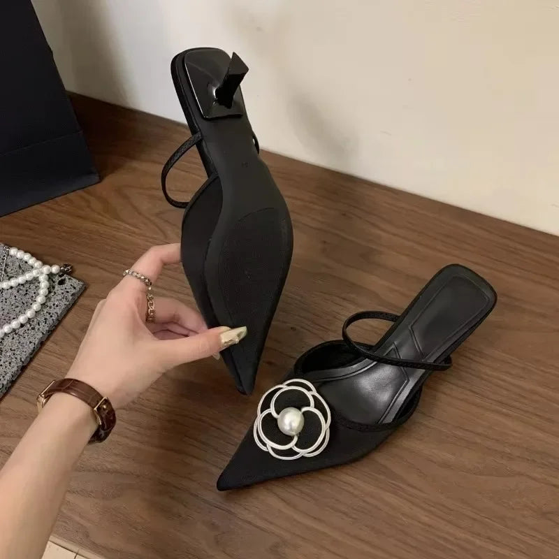 2025 Flower Pointed Toe High Heels Women Luxury Designer Sandals Female Summer Elegant Fashion Pumps Flower Mule Slippers Women