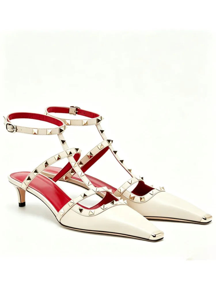 2026 Women's Rivet Low Heel Square Head Stiletto Sandals Fashion Show Party Summer Women's High Heel Sandals