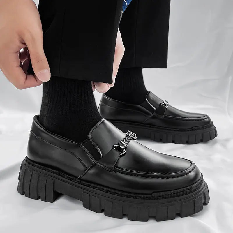 Man Casual Loafers Shoe Black Business Leather Shoes for Men Round Toe Height Increasing Platform Footwear Offer Shipping Free