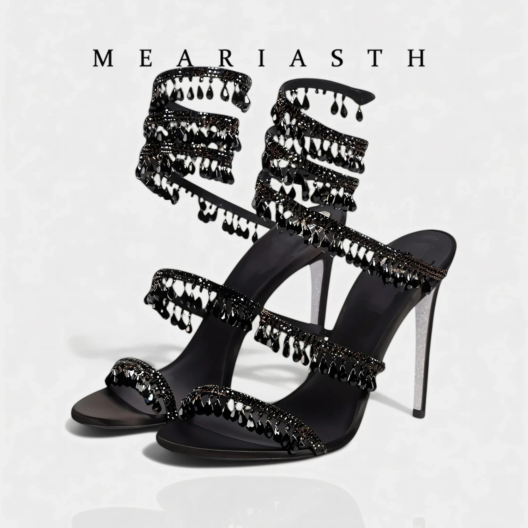 black Women's High Heels Gladiator Sandals Woman Fashion Tassel Crystal Shoes Women Sexy Banquet Party Stiletto Shoes for Women