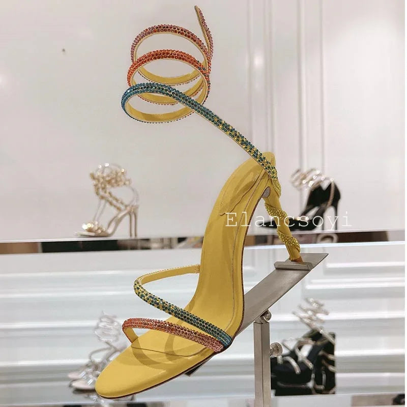 Thin Heels Gladiator Sandals Women's Shiny Rhinestone Ankle Snake Shaped Winding Party Shoes Summer Fashion High Heels Sandalias