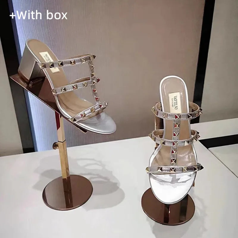 Luxury Women's Shoes Gladiator Shoes Woman 2026 Trend for Women's Sandals Summer Slippers Chunky Heel Leather Rivets High Heels