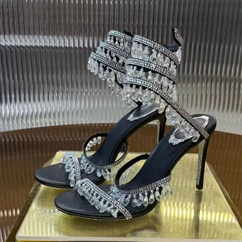 Sexy High Heels Gladiator Sandals Women Crystal String Bead Snake Twine Around Ankle Strap Wedding Shoes Summer Sandals Woman