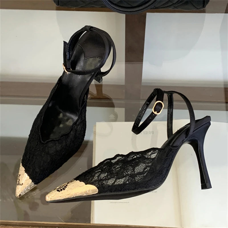 Aneikeh Fashion Retro Lace Designer Pointed Toe Thin Heels Slingbacks Pumps Women Wedding Banquet Dress Mules Ladies Shoes