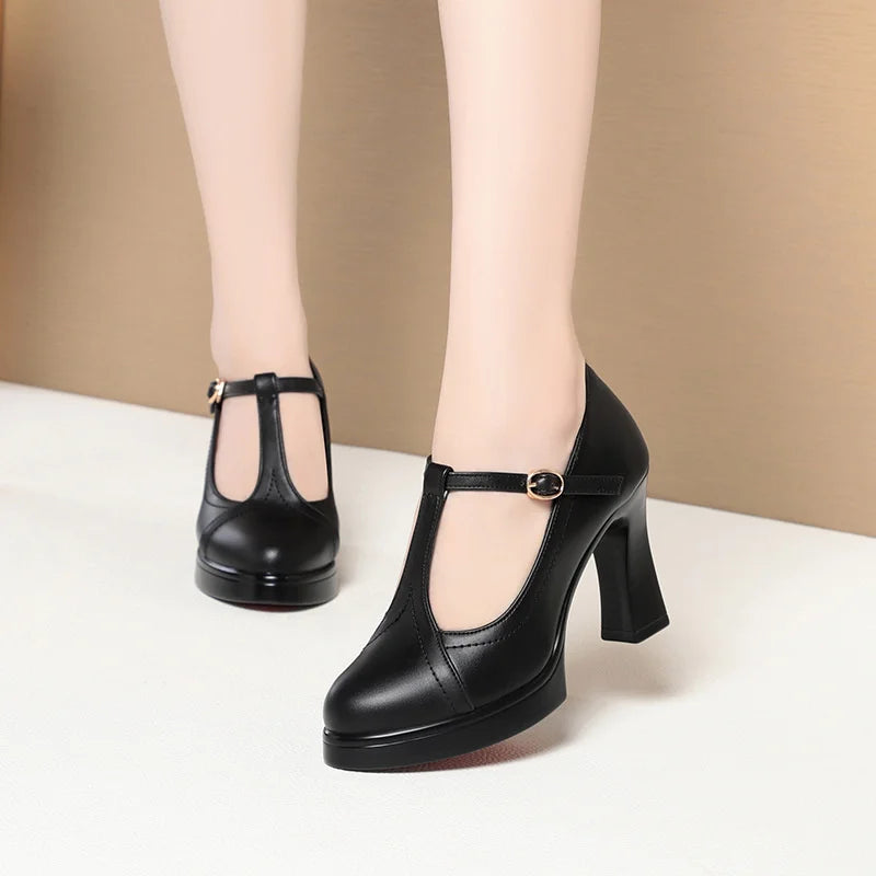 One-Line Button Single Shoes Women Summer New Thick Heel Model Catwalk Shoes Commuting Waterproof Platform Leather Shoes Black